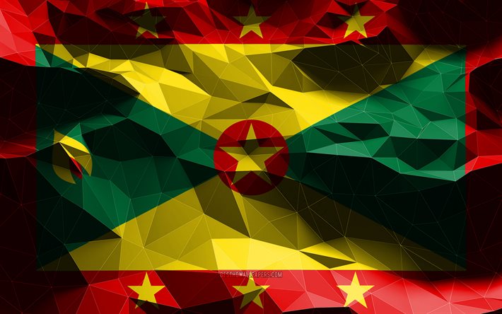 4k, Grenadian flag, low poly art, North American countries, national symbols, Flag of Grenada, 3D flags, Grenada flag, Grenada, North America, Grenada 3D flag