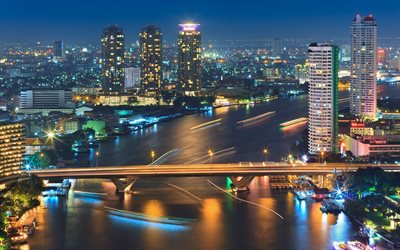 Bangkok, arranha-céus, rio, ponte, noite, edifícios modernos, panorama de Bangkok, paisagem urbana de Bangkok, Tailândia