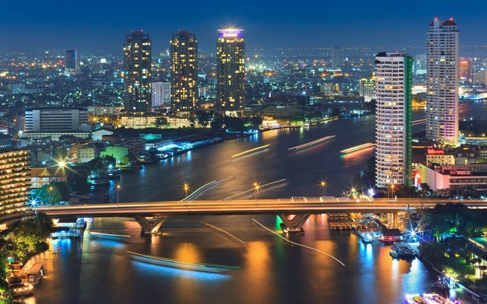 Bangkok, arranha-c&#233;us, rio, ponte, noite, edif&#237;cios modernos, panorama de Bangkok, paisagem urbana de Bangkok, Tail&#226;ndia