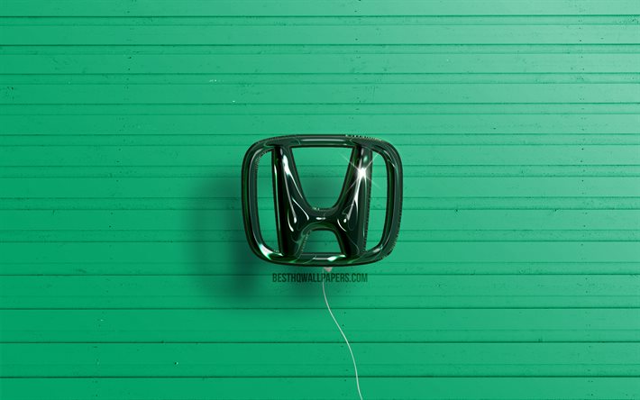 Honda 3D logo, 4K, dark green realistic balloons, Honda logo, green wooden backgrounds, Honda