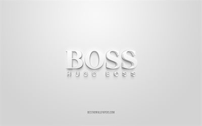 Hugo Boss -logo, valkoinen tausta, Hugo Boss 3D-logo, 3D-taide, Hugo Boss, tuotemerkkien logo, valkoinen 3d Hugo Boss -logo