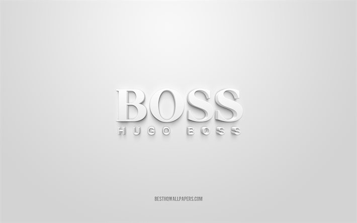 Hugo Boss -logo, valkoinen tausta, Hugo Boss 3D-logo, 3D-taide, Hugo Boss, tuotemerkkien logo, valkoinen 3d Hugo Boss -logo