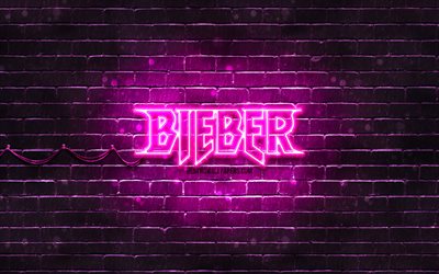 Justin Bieber purple logo, 4k, american singer, purple brickwall, Justin Bieber logo, Justin Drew Bieber, Justin Bieber, music stars, Justin Bieber neon logo