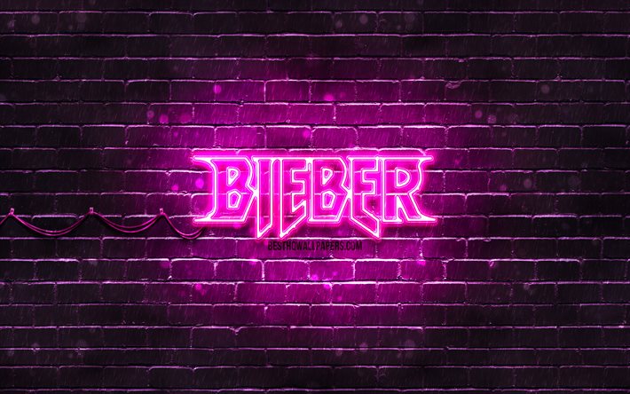 Justin Bieber mor logosu, 4k, Amerikalı şarkıcı, mor brickwall, Justin Bieber logosu, Justin Drew Bieber, Justin Bieber, m&#252;zik yıldızları, Justin Bieber neon logo