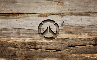Overwatch wooden logo, 4K, wooden backgrounds, Overwatch logo, creative, wood carving, Overwatch