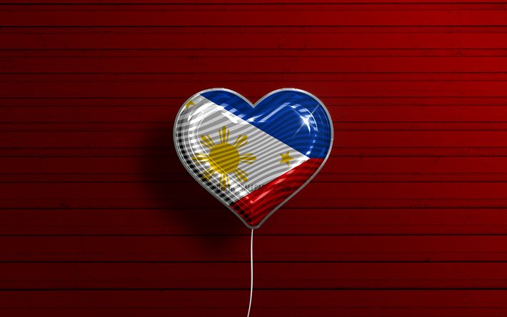 Amo le Filippine, 4k, palloncini realistici, fondo di legno rosso, paesi asiatici, cuore della bandiera della Giordania, paesi preferiti, bandiera delle Filippine, palloncino con bandiera, amore delle Filippine
