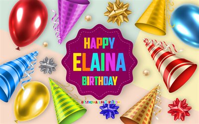 Happy Birthday Elaina, 4k, Birthday Balloon Background, Elaina, creative art, Happy Elaina birthday, silk bows, Elaina Birthday, Birthday Party Background