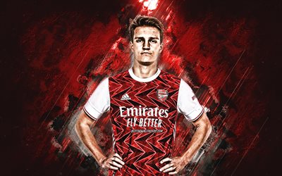 Martin Odegaard, Arsenal FC, Norwegian footballer, midfielder, portrait, red stone background, Premier League, England, football