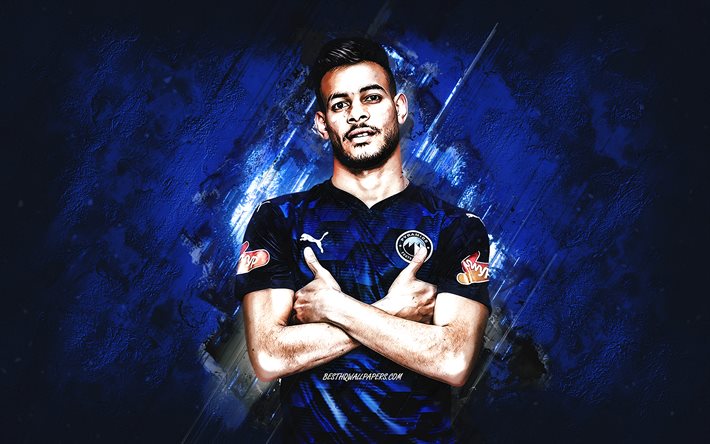 Nabil Emad, Pyramids FC, Egyptian footballer, blue stone background, football, Egyptian Premier League