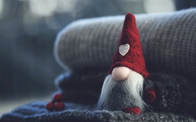 elf in a red hat, winter, elf toy, plush toys, mood, evening, gray scarf