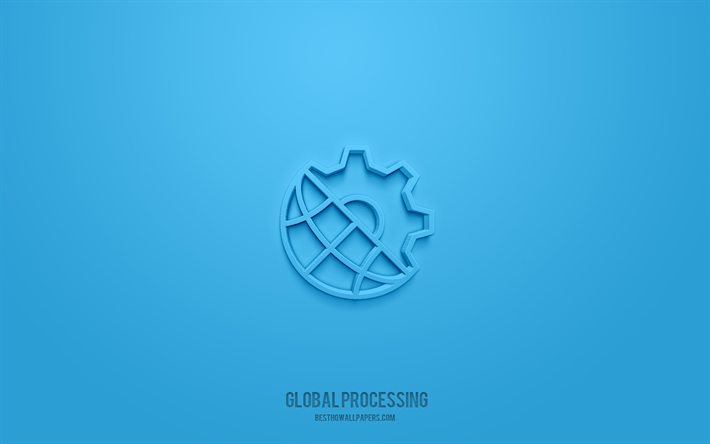 &#205;cone 3D de processamento global, fundo azul, s&#237;mbolos 3d, processamento global, &#237;cones de neg&#243;cios, &#237;cones 3d, sinal de processamento global, &#237;cones 3d de neg&#243;cios