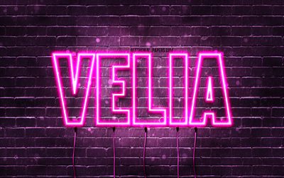 velia, 4k, hintergrundbilder mit namen, weibliche namen, velia name, lila neonlichter, velia geburtstag, happy birthday velia, beliebte italienische weibliche namen, bild mit velia name