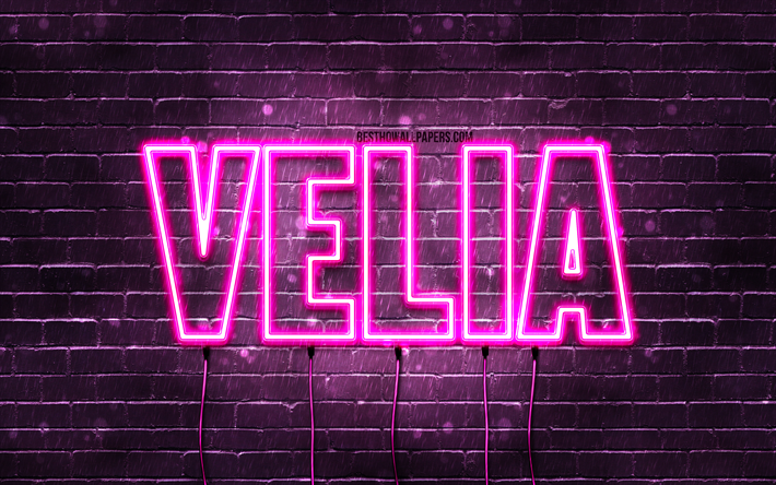 Velia, 4k, pap&#233;is de parede com nomes, nomes femininos, nome Velia, luzes de neon roxas, Velia Birthday, Happy Birthday Velia, nomes femininos italianos populares, foto com o nome Velia