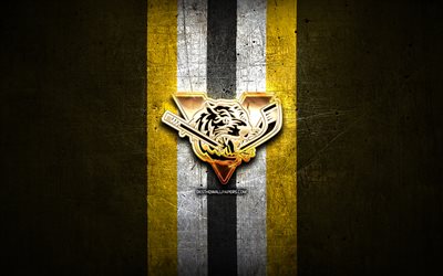 victoriaville tigres, goldenes logo, qmjhl, gelber metallhintergrund, kanadische eishockeymannschaft, victoriaville tigres logo, hockey