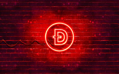ドージコインの赤いロゴ, 4k, 赤レンガの壁, ドージコインのロゴ, 仮想通貨, Dogecoinネオンロゴ, ドージコイン