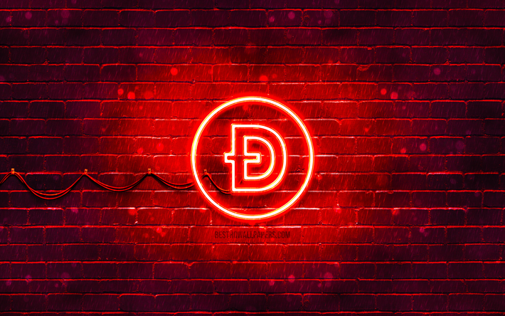 ドージコインの赤いロゴ, 4k, 赤レンガの壁, ドージコインのロゴ, 仮想通貨, Dogecoinネオンロゴ, ドージコイン