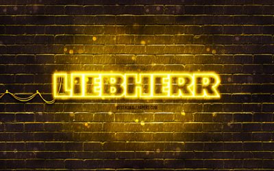 Logo jaune Liebherr, 4k, brickwall jaune, logo Liebherr, marques, logo n&#233;on Liebherr, Liebherr