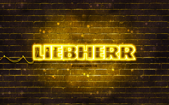 Logo Liebherr giallo, 4k, muro di mattoni giallo, logo Liebherr, marchi, logo Liebherr neon, Liebherr