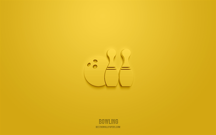 bowling 3d-symbol, gelber hintergrund, 3d-symbole, bowling, sport-symbole, bowling-zeichen, sport-3d-symbole