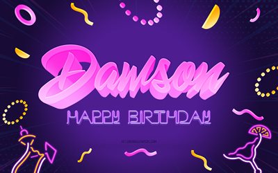 Joyeux Anniversaire Dawson, 4k, Purple Party Background, Dawson, art cr&#233;atif, Dawson nom, Dawson Anniversaire, F&#234;te D&#39;Anniversaire Fond