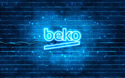 Beko sininen logo, 4k, sininen tiilisein&#228;, Beko logo, tuotemerkit, Beko neon logo, Beko