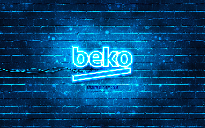 Beko sininen logo, 4k, sininen tiilisein&#228;, Beko logo, tuotemerkit, Beko neon logo, Beko