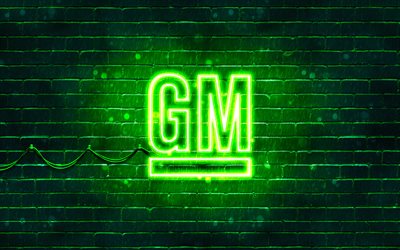 Logo verde General Motors, 4k, muro di mattoni verde, logo General Motors, marchi automobilistici, logo al neon General Motors, General Motors