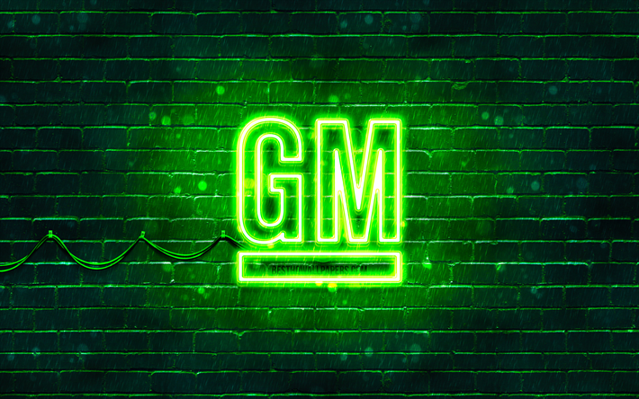 General Motors green logo, 4k, green brickwall, General Motors logo, cars brands, General Motors neon logo, General Motors