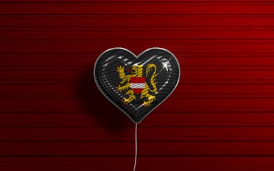 Amo il Brabante fiammingo, 4k, palloncini realistici, sfondo di legno rosso, Giorno del Brabante fiammingo, province belghe, bandiera del Brabante fiammingo, Belgio, palloncino con bandiera, Province del Belgio, Brabante fiammingo