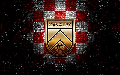 cavalry fc, glitzerlogo, canadian premier league, rot-wei&#223; karierter hintergrund, fu&#223;ball, kanadischer fu&#223;ballverein, cavalry fc-logo, mosaikkunst, fc cavalry