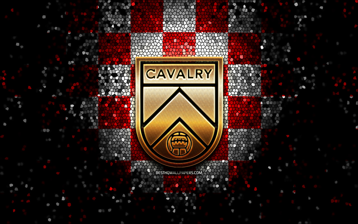 Cavalry FC, glitter logo, Canadian Premier League, red white checkered background, soccer, canadian football club, Cavalry FC logo, mosaic art, football, FC Cavalry