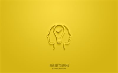 Icona di brainstorming 3d, sfondo giallo, simboli 3d, brainstorming, icone di affari, icone 3d, segno di brainstorming, icone di affari 3d