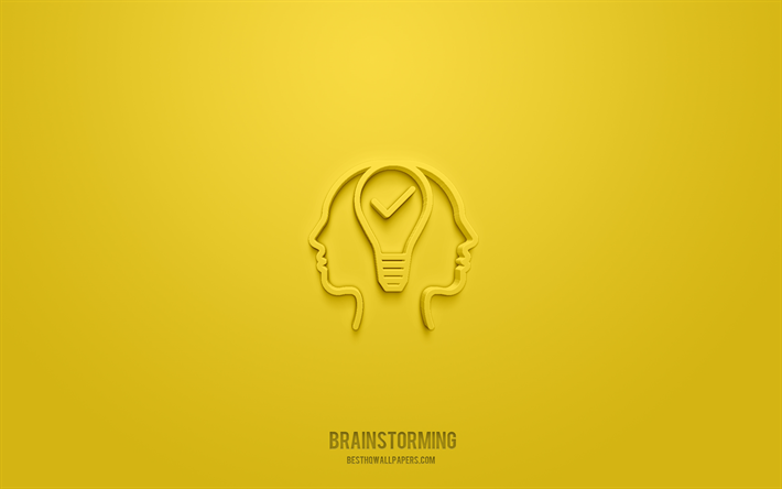 brainstorming 3d-symbol, gelber hintergrund, 3d-symbole, brainstorming, business-symbole, brainstorming-zeichen, business-3d-symbole