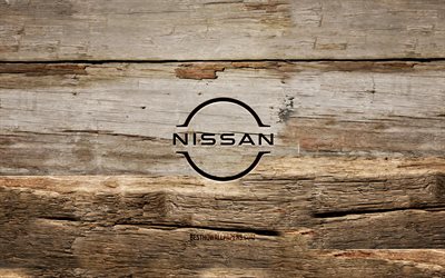 Logo Nissan in legno, 4K, sfondi in legno, marchi automobilistici, logo Nissan, creativit&#224;, intaglio del legno, Nissan