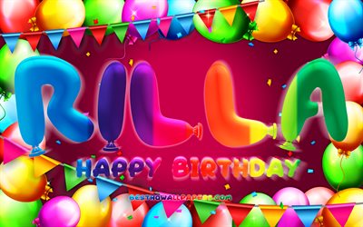 Joyeux Anniversaire Rilla, 4k, ballon color&#233; cadre, Rilla nom, fond violet, Rilla Joyeux Anniversaire, Rilla Anniversaire, les noms f&#233;minins allemands populaires, Anniversaire concept, Rilla