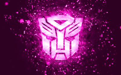 Transformers mor logo, 4k, mor neon ışıklar, yaratıcı, mor soyut arka plan, Transformers logo, sinema logoları, Transformers