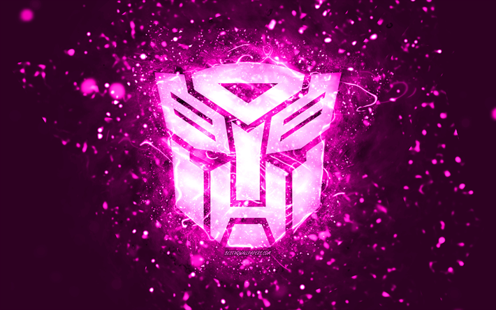 Transformers lila logotyp, 4k, lila neonljus, kreativ, lila abstrakt bakgrund, Transformers logotyp, biologotyper, Transformers