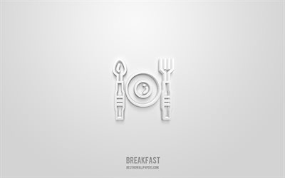 Aamiainen 3d-kuvake, valkoinen tausta, 3d-symbolit, aamiainen, hotellikuvakkeet, 3d-kuvakkeet, aamiaiskyltti, hotellin 3d-kuvakkeet