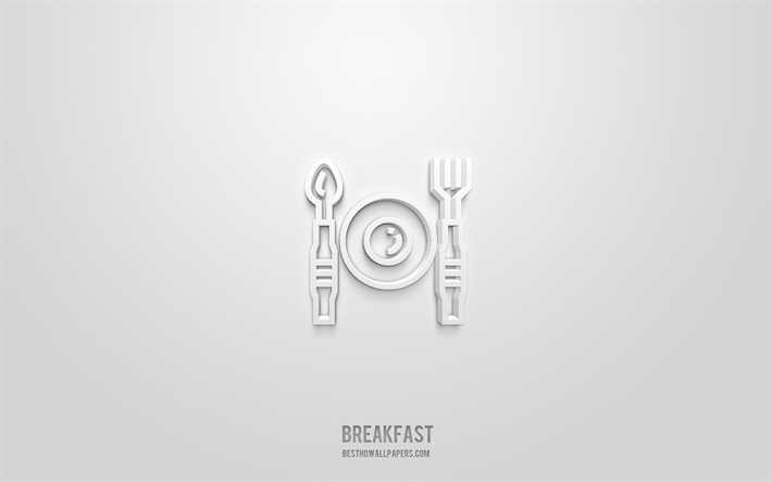 Breakfast 3d icon, white background, 3d symbols, Breakfast, hotel icons, 3d icons, Breakfast sign, hotel 3d icons