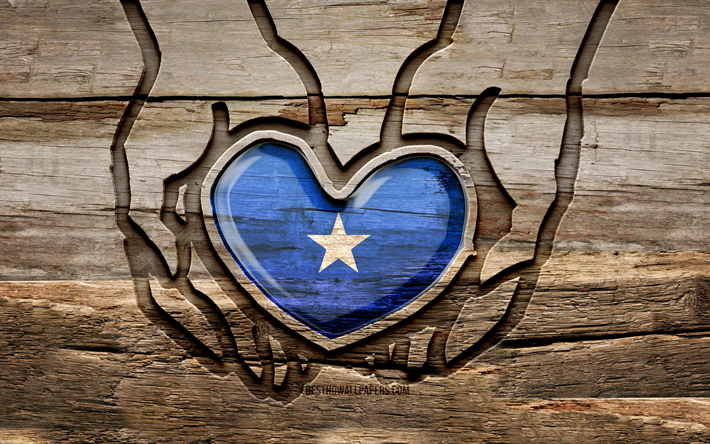 Amo la Somalia, 4K, mani intagliate in legno, Giorno della Somalia, Bandiera della Somalia, Prenditi cura della Somalia, creativo, Bandiera della Somalia in mano, intaglio del legno, paesi africani, Somalia