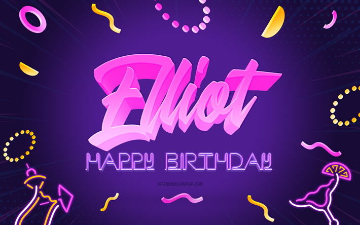 お誕生日おめでとうエリオット, 4k, 紫のパーティーの背景, エリオット, クリエイティブアート, エリオットの誕生日おめでとう, エリオットの名前, エリオットの誕生日, 誕生日パーティーの背景