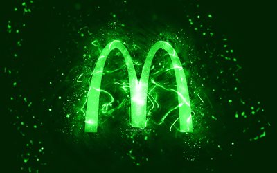 McDonalds green logo, 4k, green neon lights, creative, green abstract background, McDonalds logo, brands, McDonalds