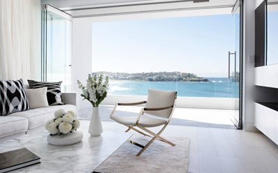design d'interni elegante, soggiorno, casa al mare, design d'interni bianco, design moderno del soggiorno, idea soggiorno