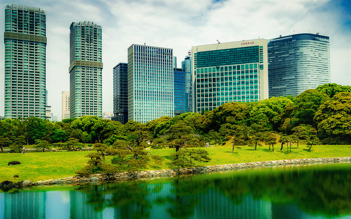 Tokyo, 4k, edificio moderno, giornata di sole, area urbana, citt&#224; giapponesi, parco, Giappone, Asia