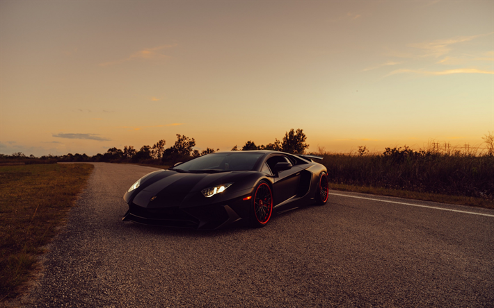 Lamborghini Aventador SuperVeloce, &#246;nden g&#246;r&#252;n&#252;m, dış cephe, siyah Aventador SV, s&#252;per otomobil, İtalyan spor arabaları, Lamborghini