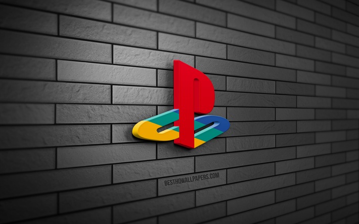 Playstation 3D logosu, 4K, gri brickwall, yaratıcı, markalar, Playstation logosu, 3D sanat, Playstation