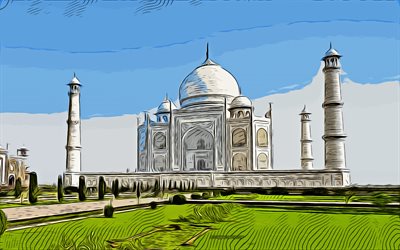 Taj Mahal, 4k, arte vectorial, dibujo Taj Mahal, arte creativo, arte Taj Mahal, dibujo vectorial, ciudades abstractas, Agra, India