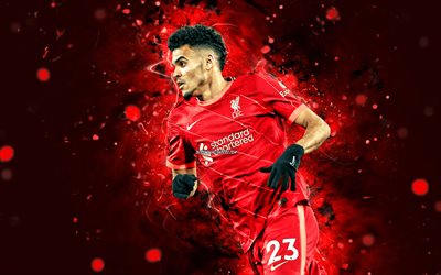 Luis Diaz, 4k, 2022, Liverpool FC, red neon lights, colombian footballers, soccer, Premier League, football, Luis Diaz Liverpool, Luis Diaz 4K