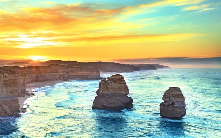Australia, puesta de sol, costa, mar, sol brillante, cielo, rocas