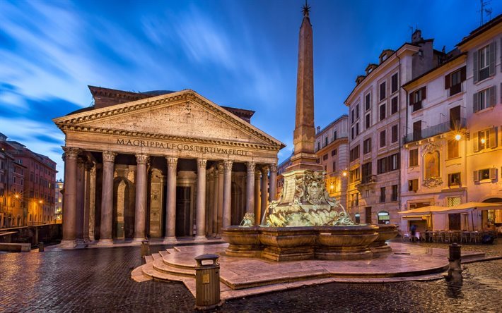 Pante&#243;n, Roma, la noche, la plaza, la fuente, el Marco Vispanio Agripa, Italia